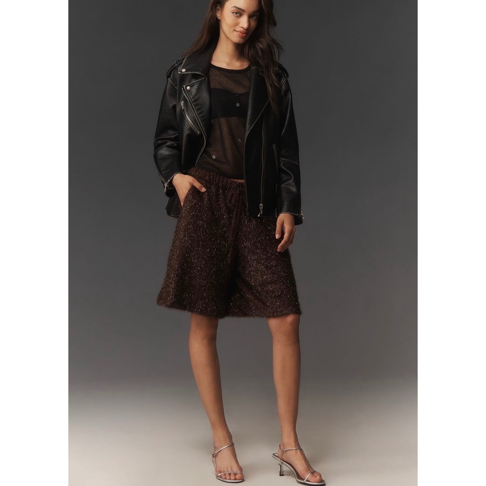 Maeve Anthropologie Tinsel High-Rise Long Shorts Brown‎ Metallic Medium NEW